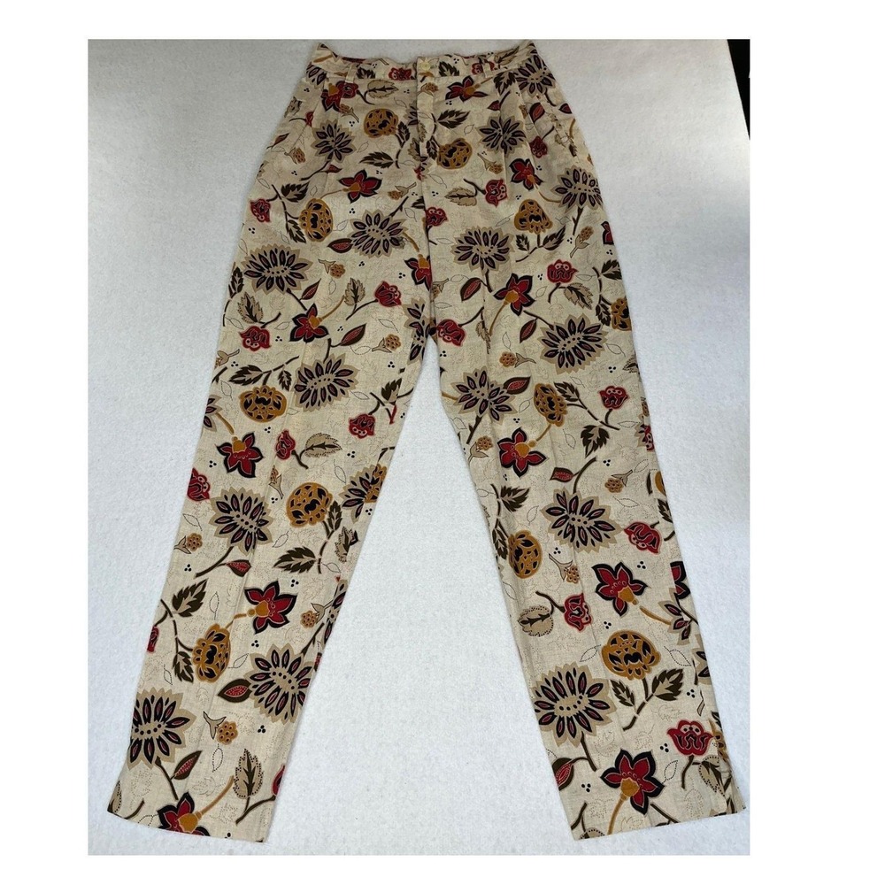 Vtg Breeches Floral Linen Cotton Trousers 27 Cream Mustard Burgundy HighRise 90s - Picture 2 of 6